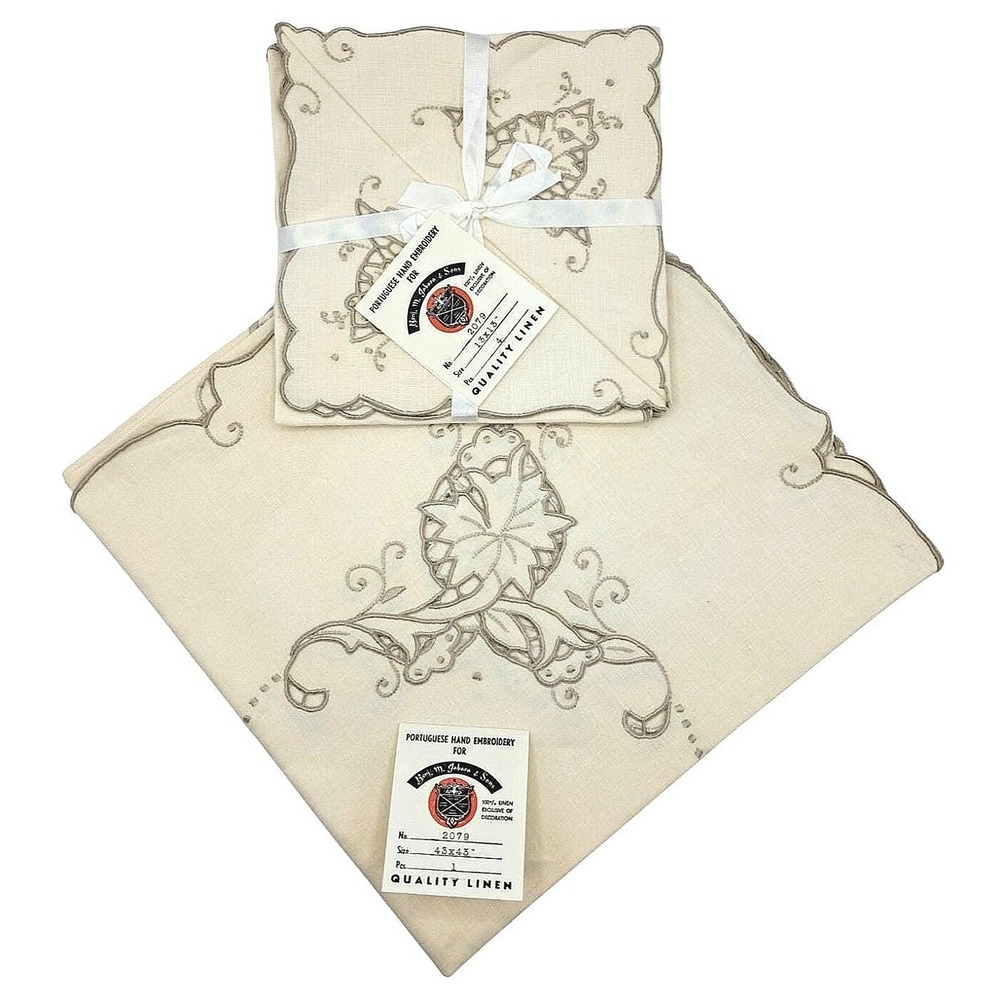 Vintage Benj. M. Jabara & Sons Portuguese Hand Embroidery Linen Table Set Cream